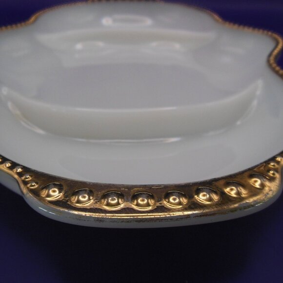 serving relish dish Anchor Hocking milk glass Fire-King hobnail and gold trim - Picture 3 of 7